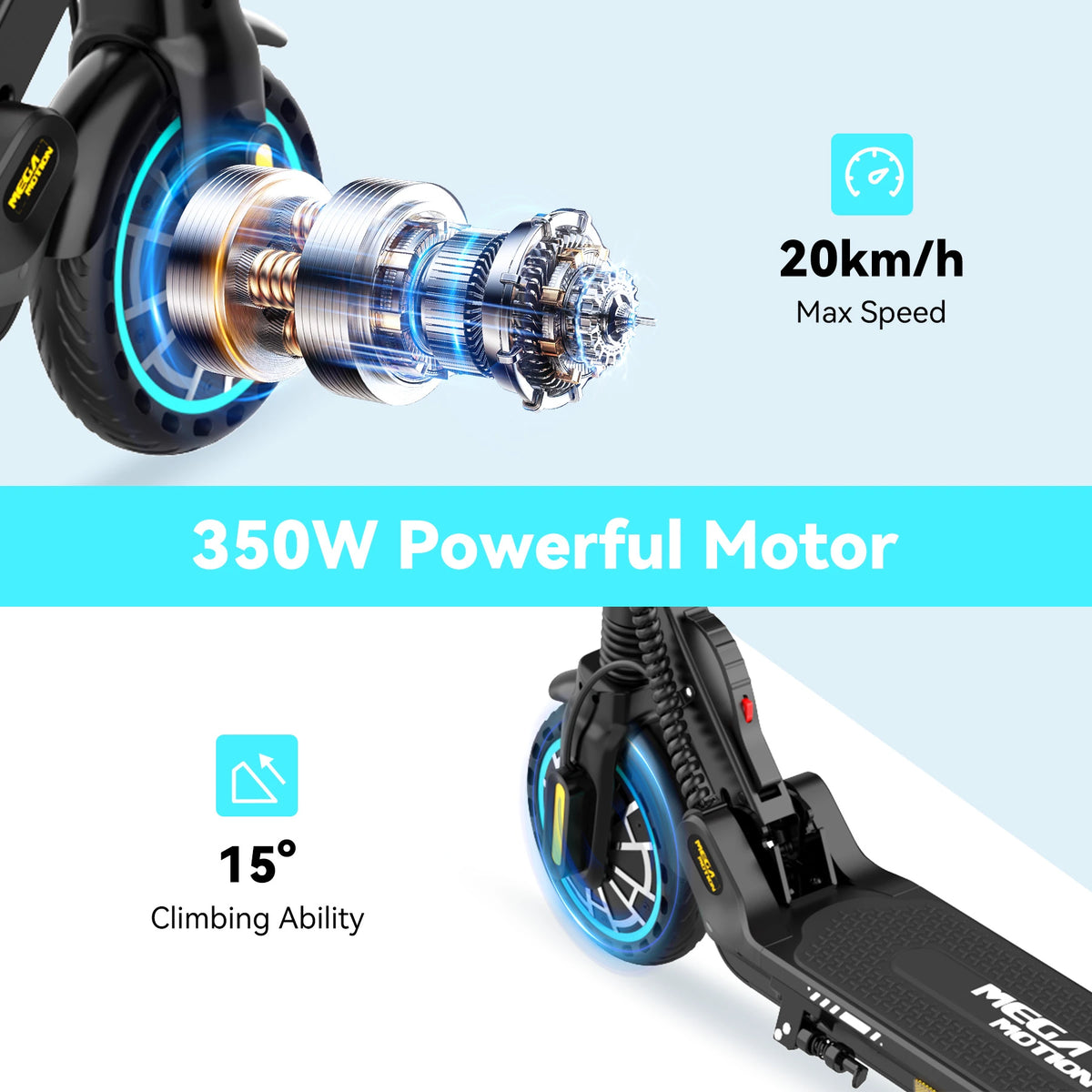 ME5 electric scooter 350W brushless motor performance, showing 15% grade climbing ability and stable 20km/h speed.