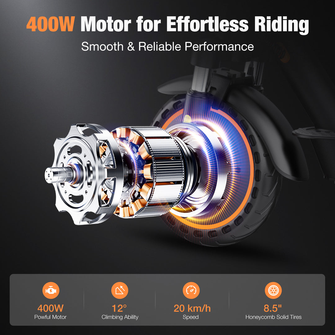 EV85F e-scooter features a 400W brushless motor, 15° climbing ability, and 8.5-inch honey-comb tires for 20km/h speed.