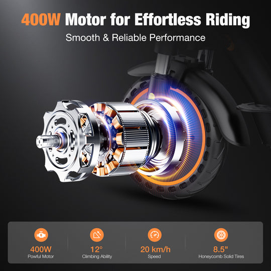 EV85F e-scooter features a 400W brushless motor, 15° climbing ability, and 8.5-inch honey-comb tires for 20km/h speed.