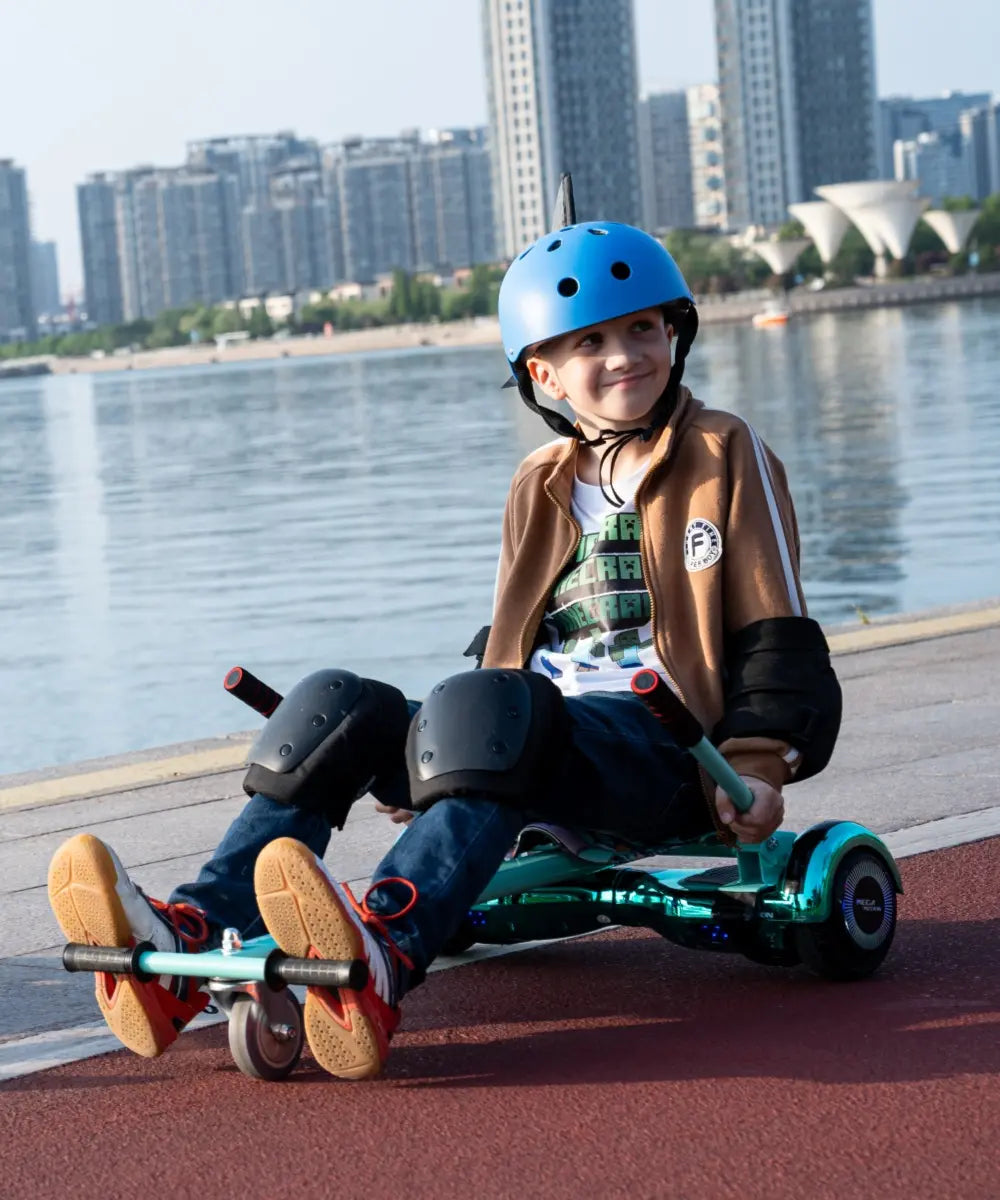 MEGA MOTION A03 hoverboard kart combo compact mobile view. Perfect 8+ years old children's racing upgrade with stable low center of gravity and responsive dual-lever direction control.