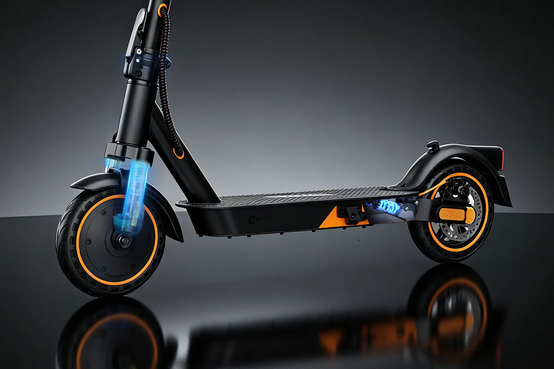 MEGA MOTION EV85F electric scooter with dual suspension system for a smoother and more comfortable ride on uneven roads