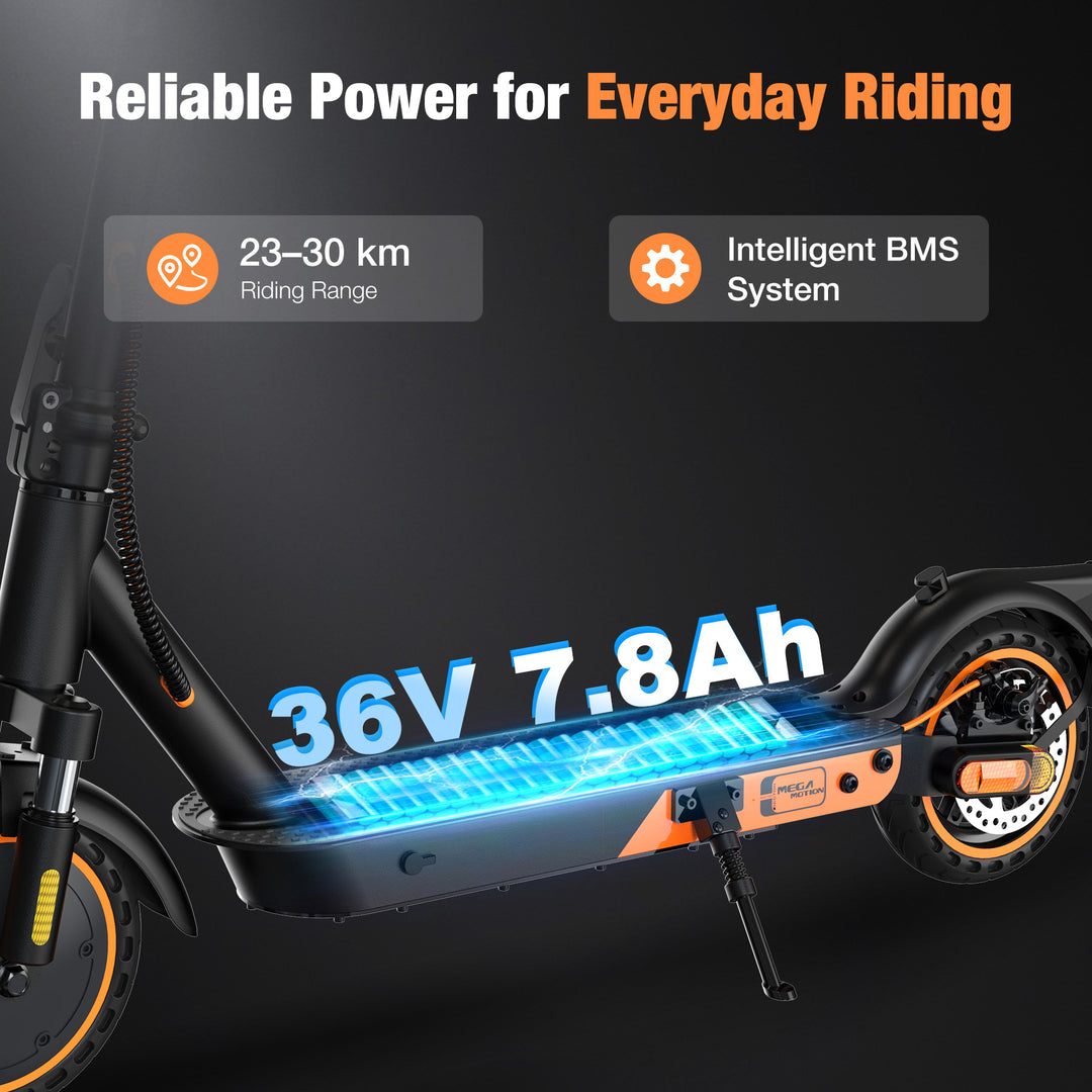 EV85F electric scooter with 23-30km long range battery and Smart Battery Management System (BMS) for safety.