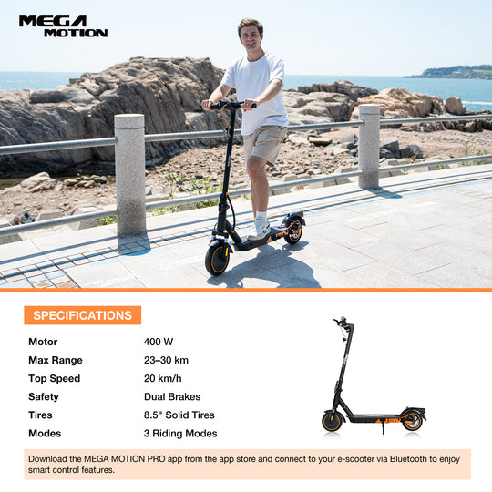 Detailed technical specification chart for EV85F e-scooter highlighting dimensions, weight, and performance.