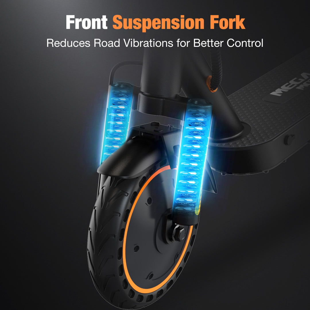 Close-up of EV85F electric scooter front fork shock absorption system for a smooth ride on uneven surfaces.