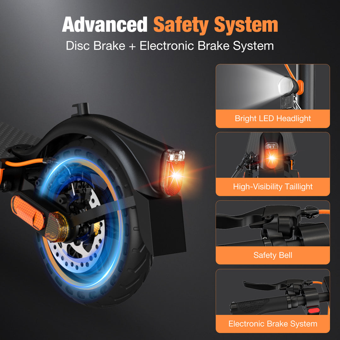 EV85F safety configuration including dual braking system, bright LED headlights, tail lights, and integrated bell.