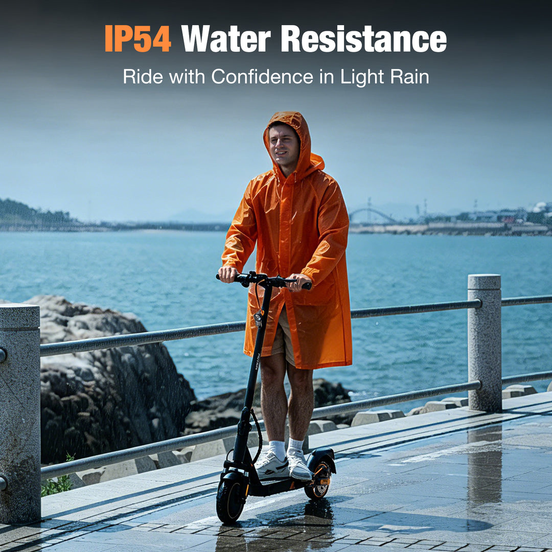 EV85F e-scooter with IP54 waterproof protection, suitable for riding in light rain and wet road conditions.