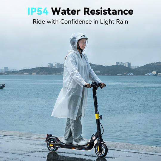 ME5 electric scooter with IP54 water resistance, protected against splashing water and light rain for daily commuting.