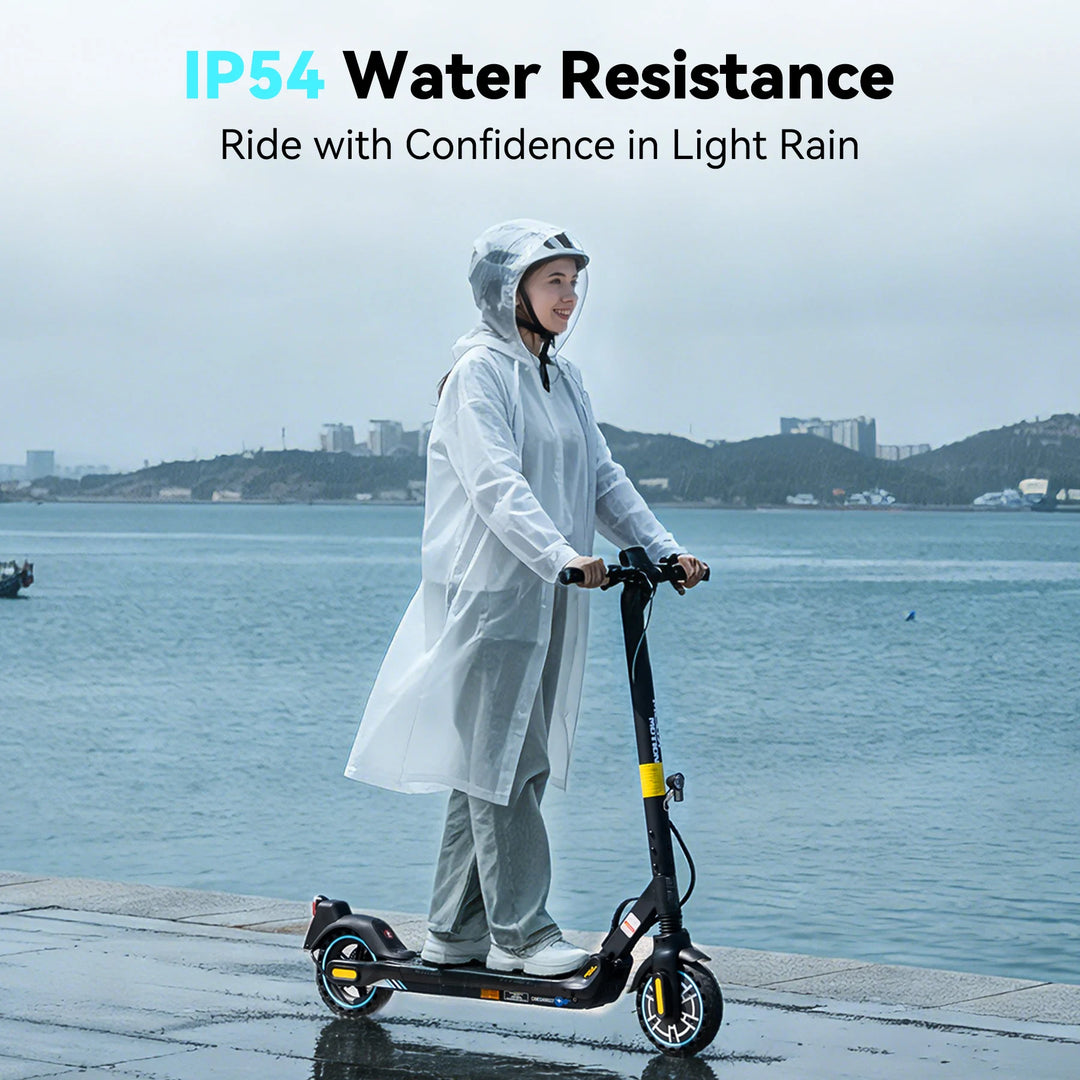 ME5 electric scooter with IP54 water resistance, protected against splashing water and light rain for daily commuting.