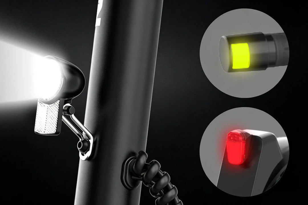 MEGA MOTION ME5 electric scooter with LED headlight, rear taillight, and turn signals for safer rides