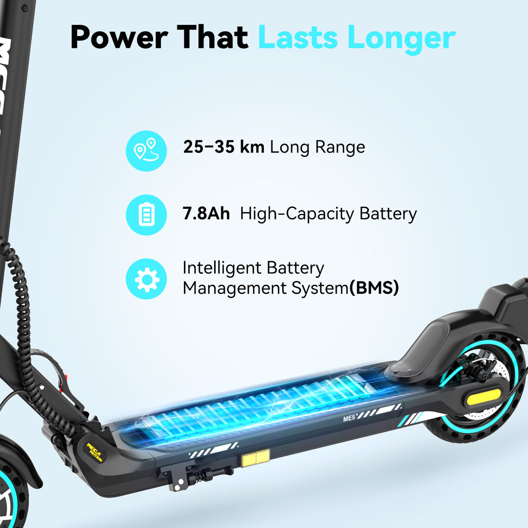 High-capacity battery range of ME5 electric scooter, providing up to 35km travel distance on a single charge.