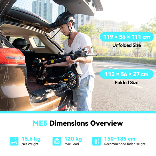 Dimensions and weight capacity of ME5 electric scooter, showing compact folded size for easy trunk storage.