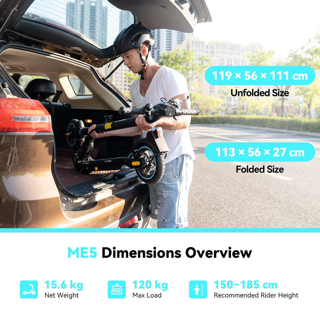 Dimensions and weight capacity of ME5 electric scooter, showing compact folded size for easy trunk storage.