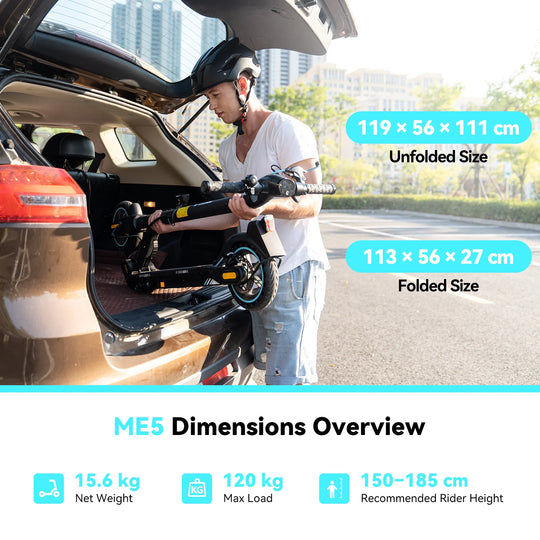 Dimensions and weight capacity of ME5 electric scooter, showing compact folded size for easy trunk storage.