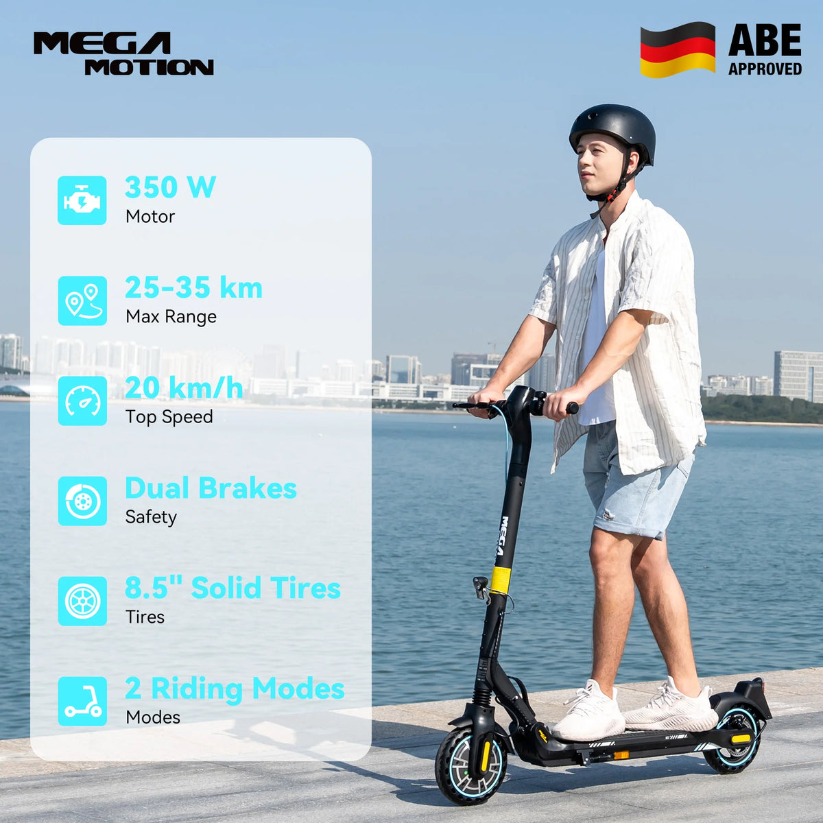 Specification sheet of ME5 electric scooter featuring rubber tubeless tires and 350W motor power.