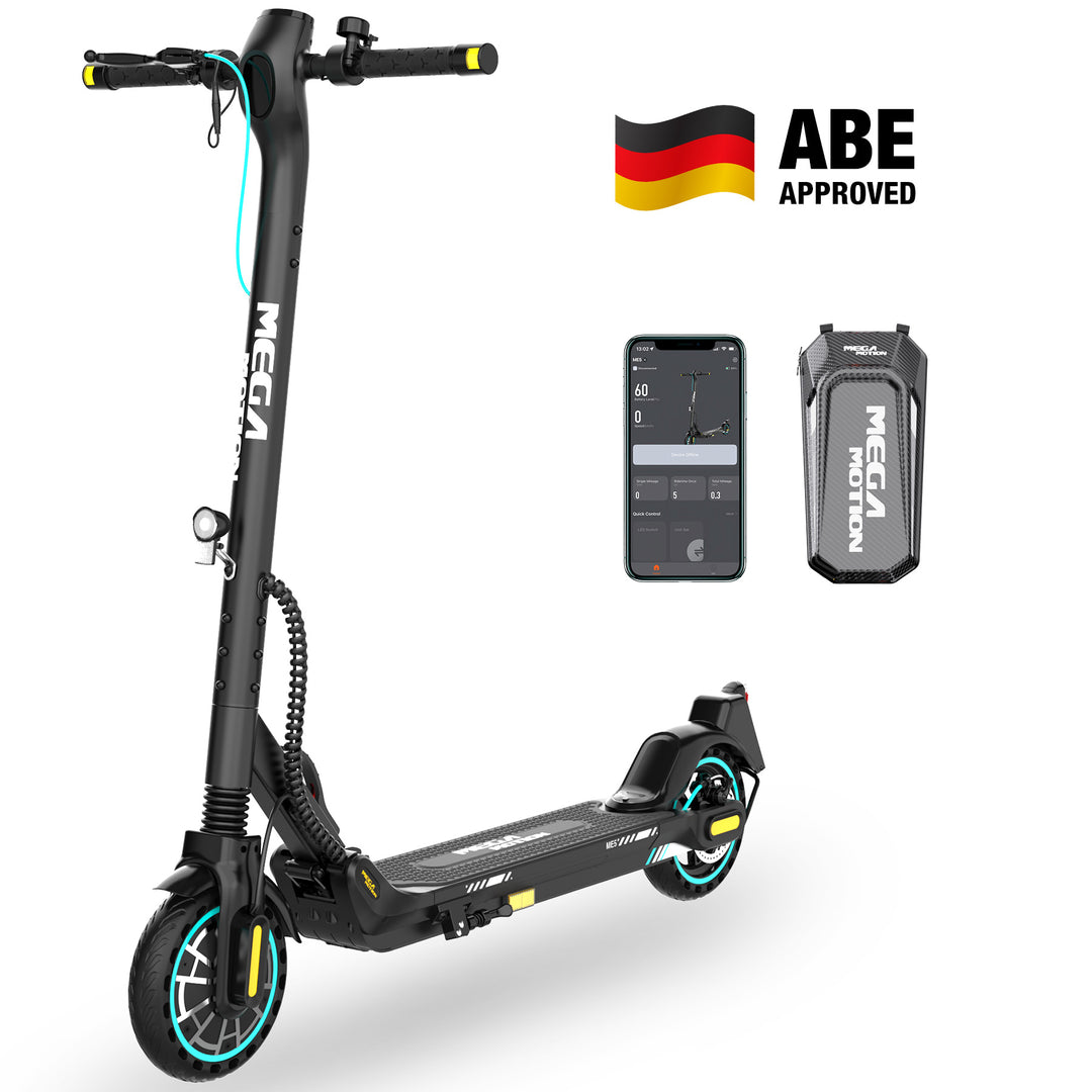ME5 e-scooter with German ABE (Straßenzulassung) certification, includes front hanging bag and smartphone app.