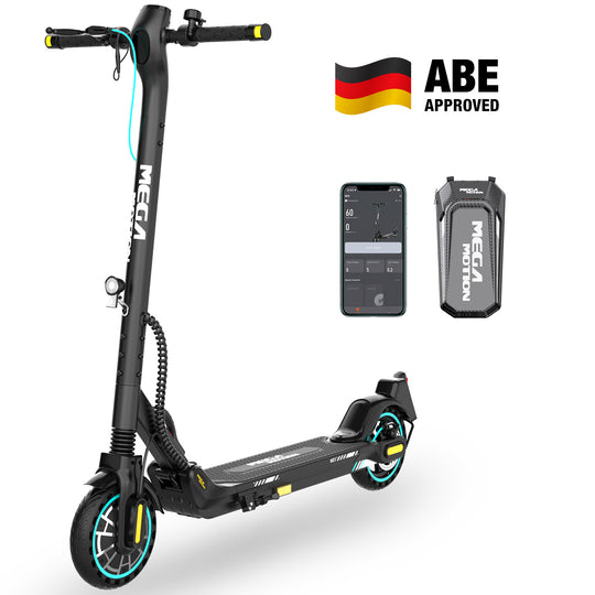 ME5 e-scooter with German ABE (Straßenzulassung) certification, includes front hanging bag and smartphone app.