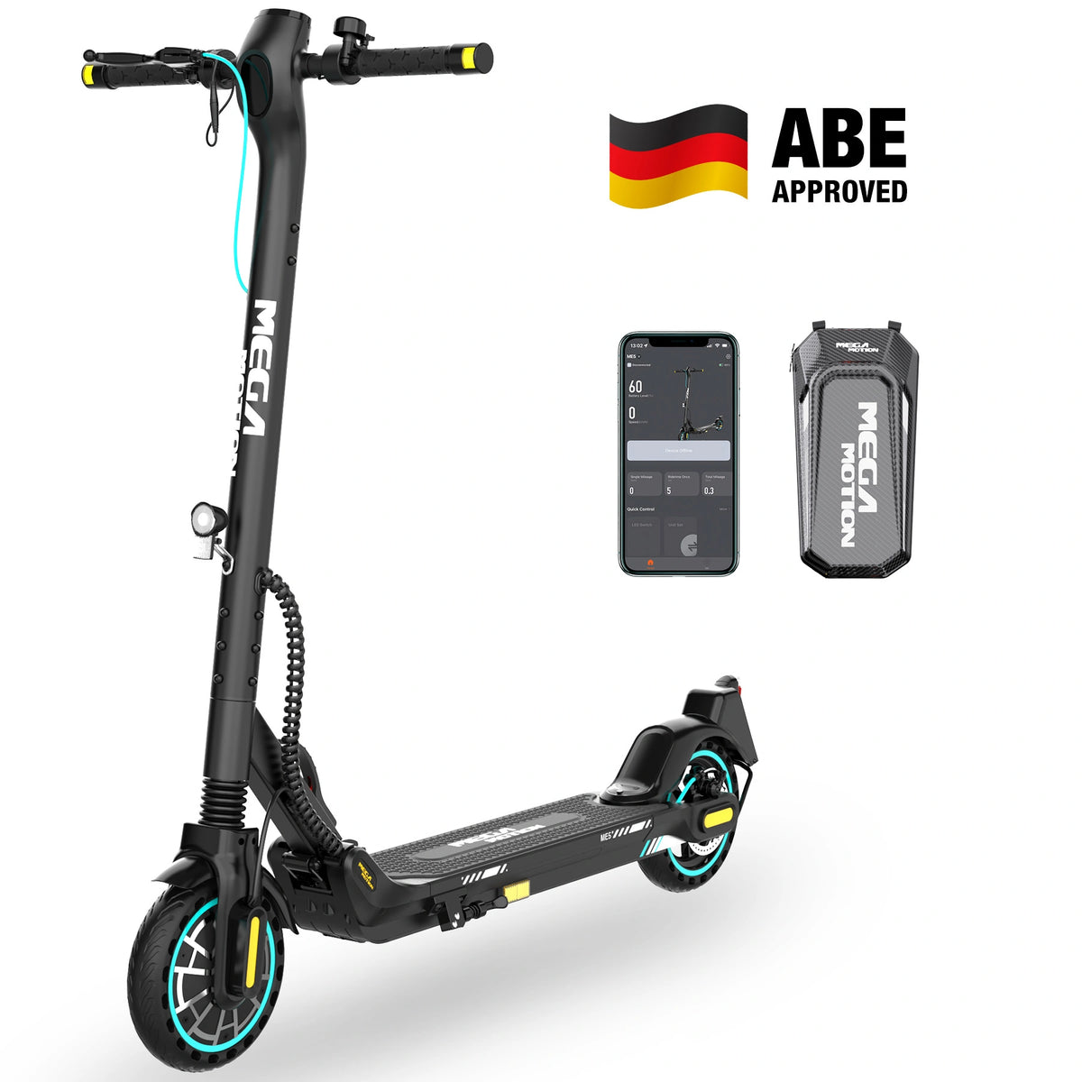 ME5 e-scooter with German ABE (Straßenzulassung) certification, includes front hanging bag and smartphone app.