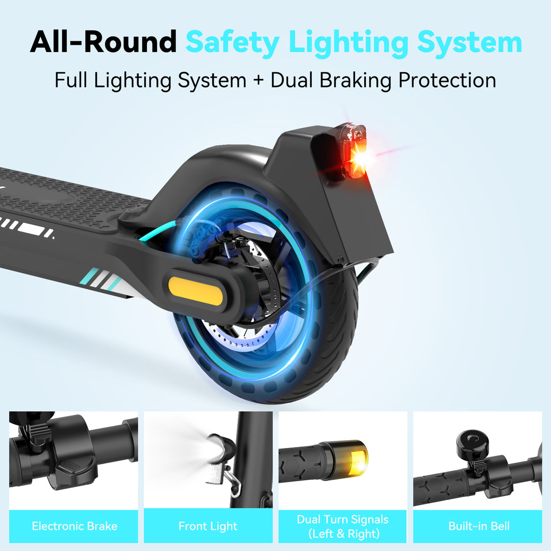 ME5 electric scooter safety features including mechanical brakes and bright LED lighting for night riding.