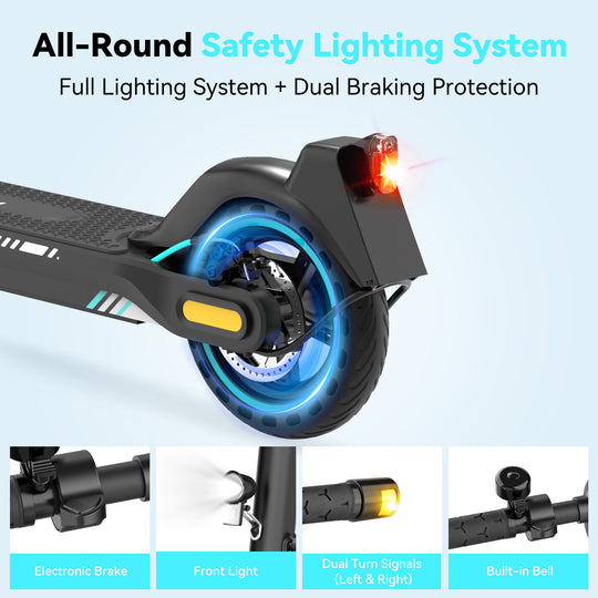 ME5 electric scooter safety features including mechanical brakes and bright LED lighting for night riding.