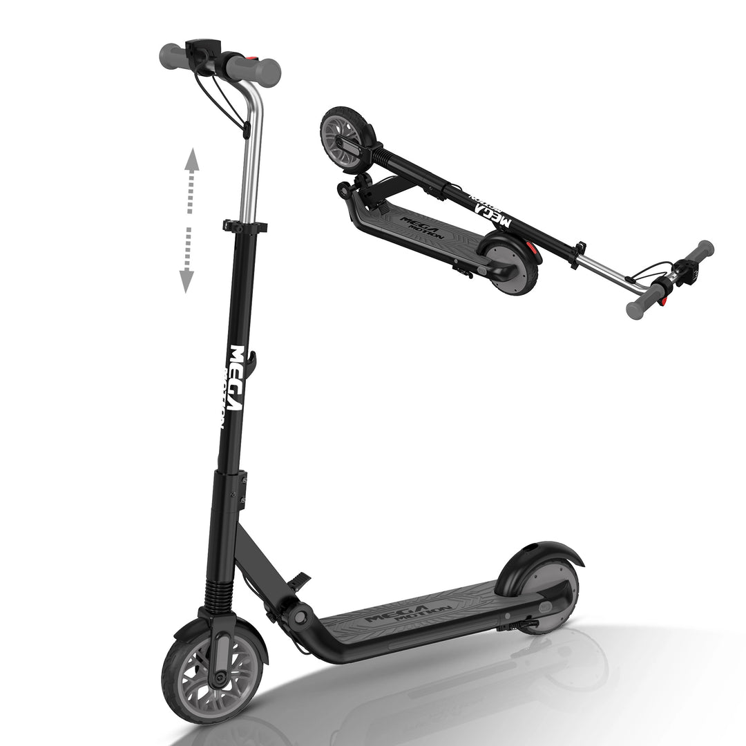 Image of a boy riding a black MEGA MOTION ME1 electric scooter