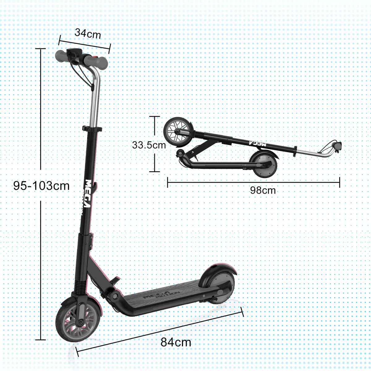 Image showcasing the dimensions of the MEGA MOTION ME1 electric scooter