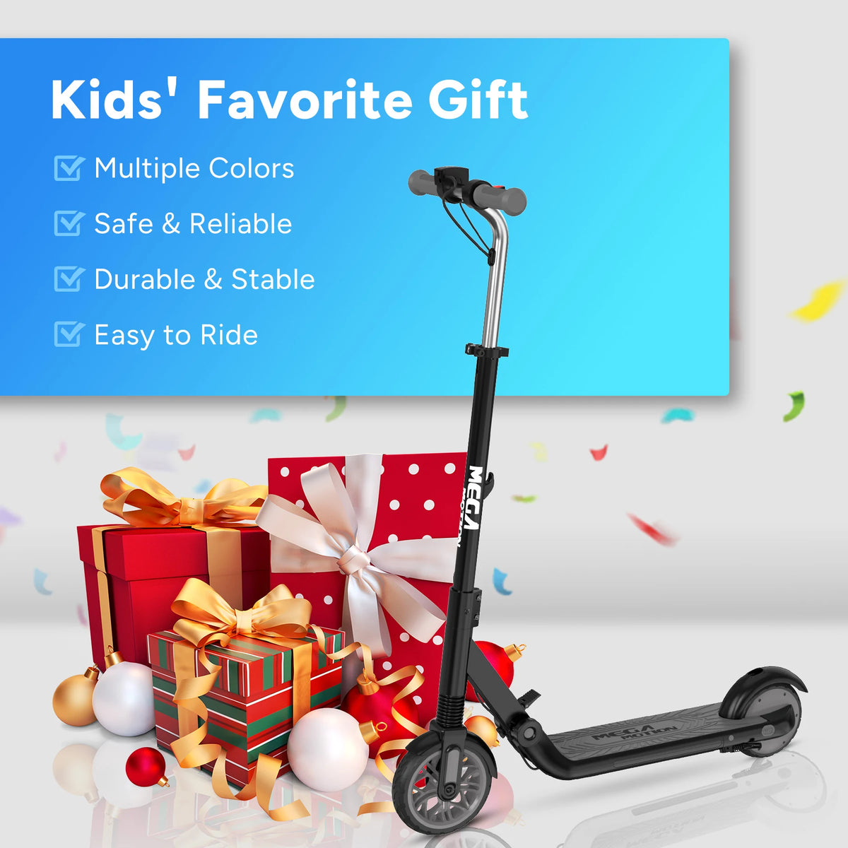Promotional images for the MEGA MOTION ME1 electric scooter as a gift