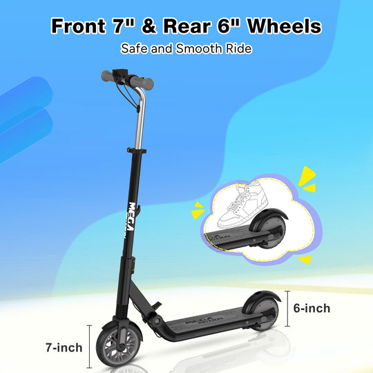 Image of the MEGA MOTION ME1 electric scooter with a 7-inch front wheel and a 6-inch rear wheel