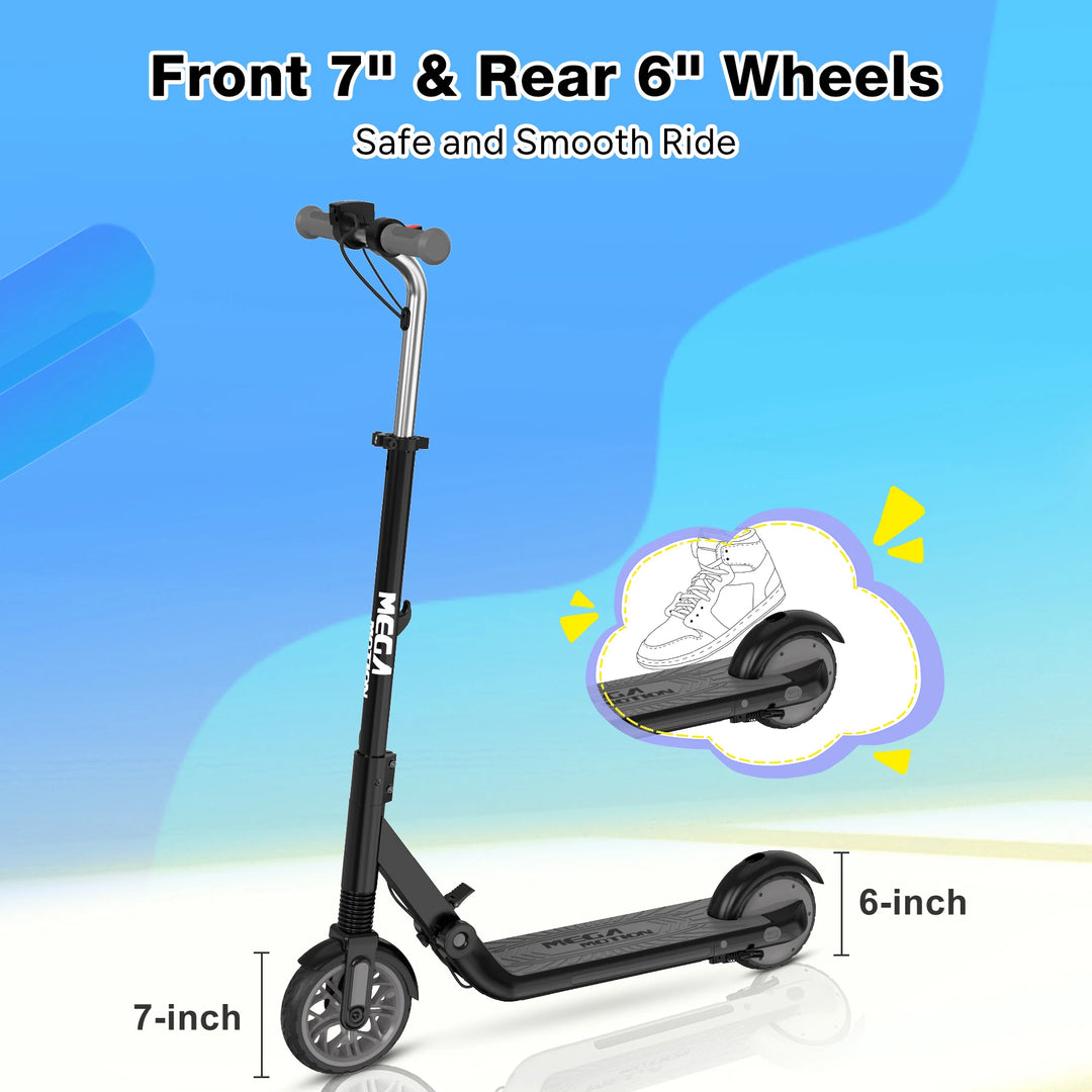Image of the MEGA MOTION ME1 electric scooter with a 7-inch front wheel and a 6-inch rear wheel