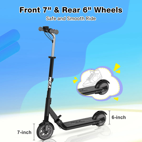 Image of the MEGA MOTION ME1 electric scooter with a 7-inch front wheel and a 6-inch rear wheel