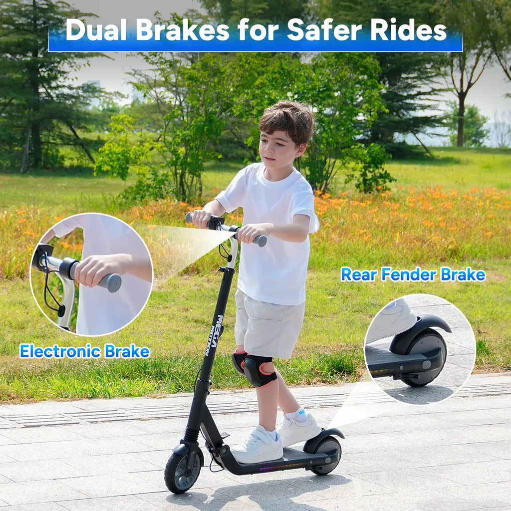 Images of the MEGA MOTION ME1 electric scooter with electronic brakes and mudguard brakes