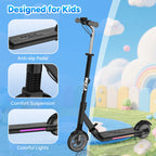 Images of the MEGA MOTION ME1 electric scooter featuring anti-slip pedals, LED lights, and shock absorption