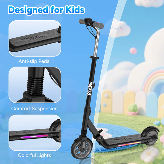 Images of the MEGA MOTION ME1 electric scooter featuring anti-slip pedals, LED lights, and shock absorption