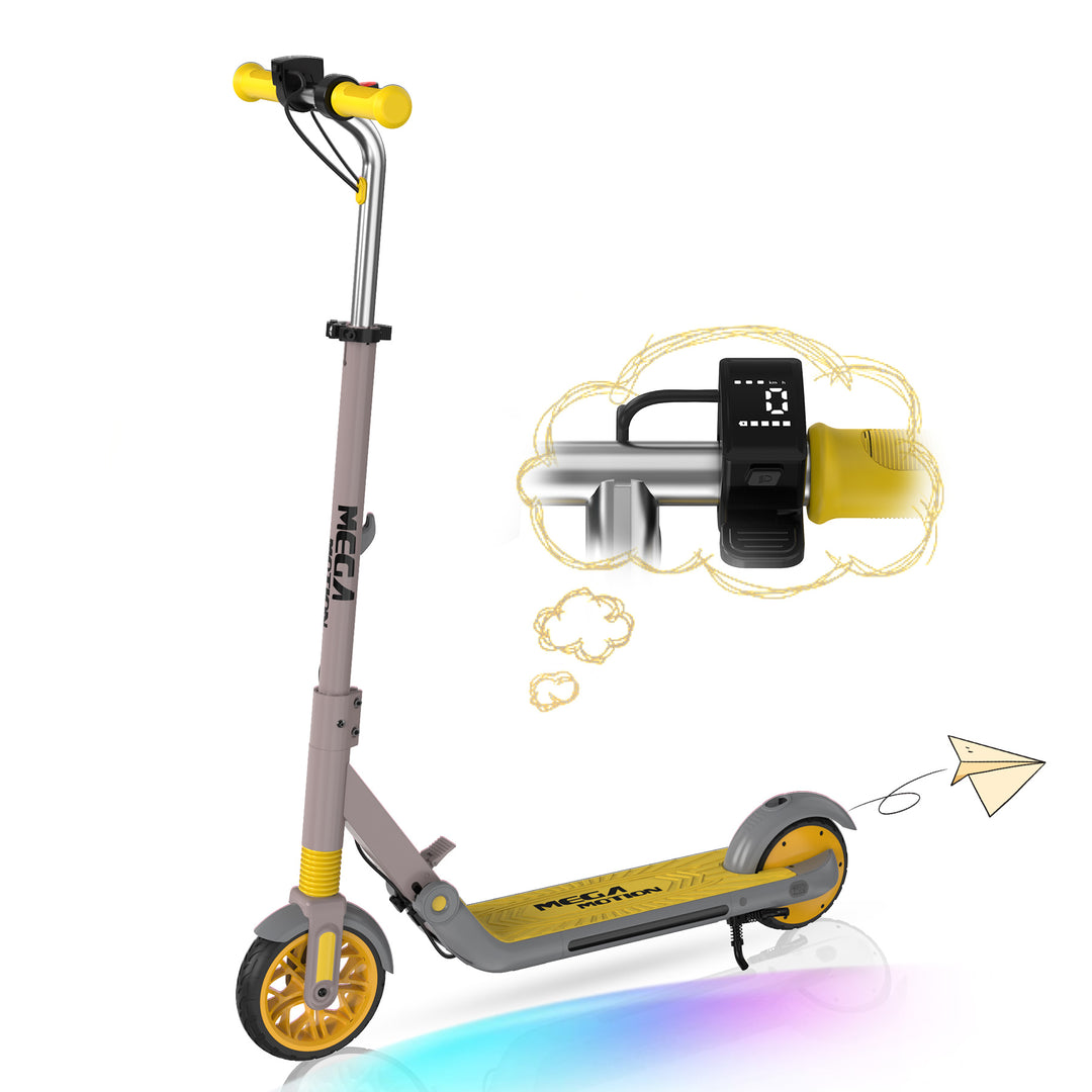 Images of the yellow MEGA MOTION ME1 electric scooter