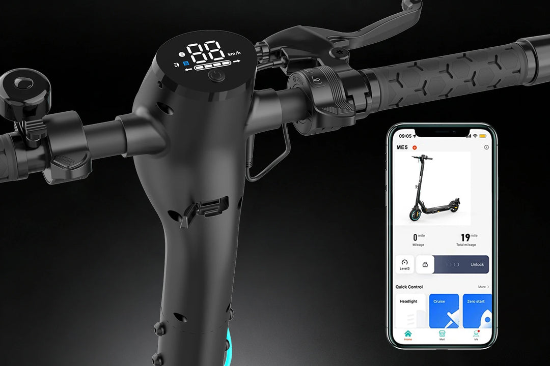 MEGA MOTION ME5 electric scooter with smart display, mobile APP control, and USB charging port