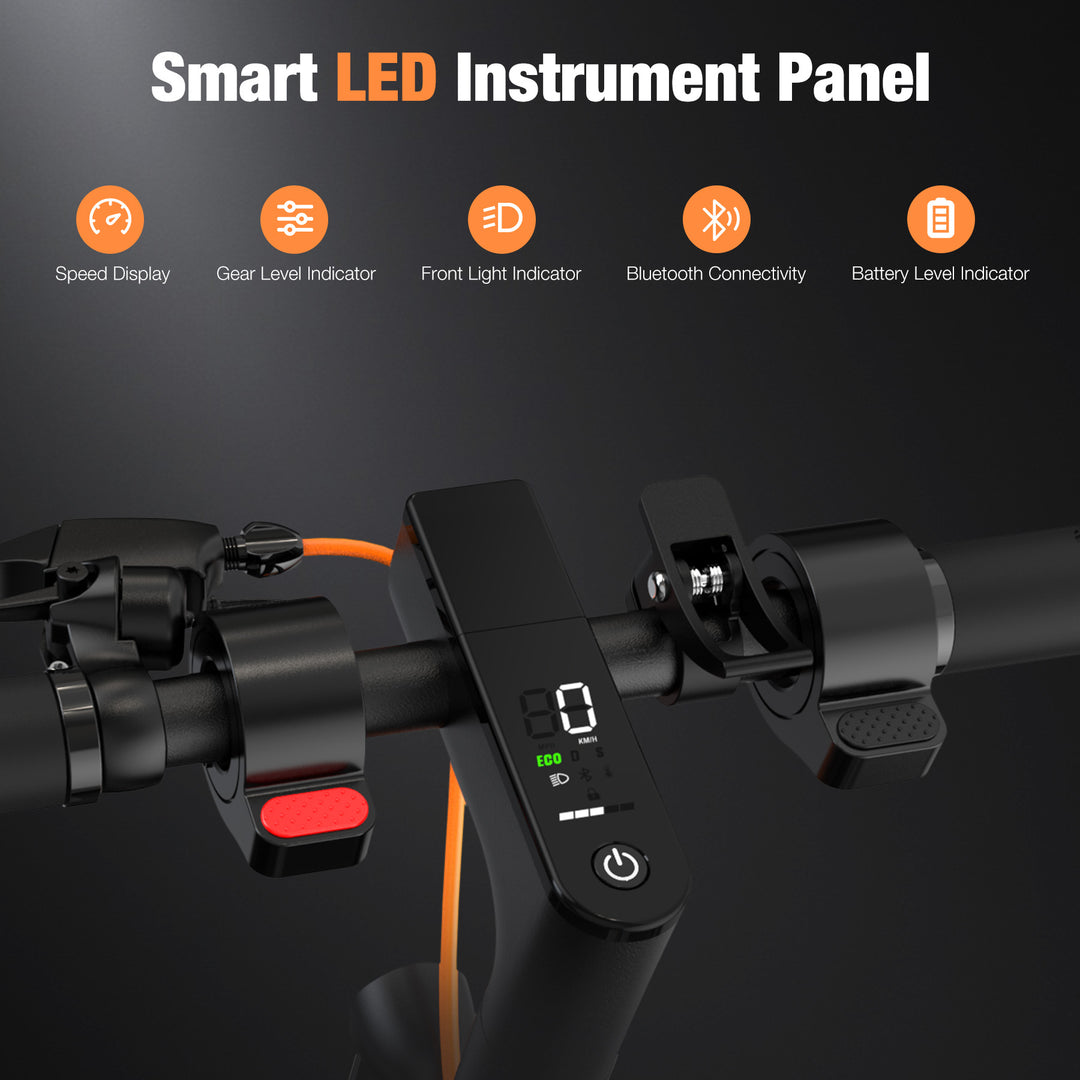 High-definition LED display of EV85F scooter showing real-time speed, battery level, and riding modes.