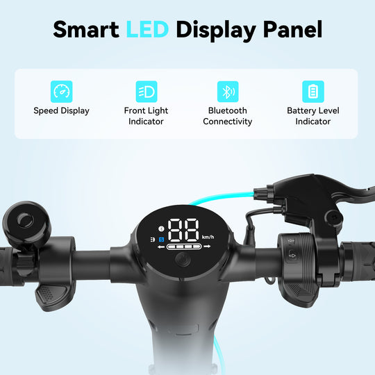 Close-up of ME5 scooter LED dashboard displaying speed modes, battery status, and light indicators.