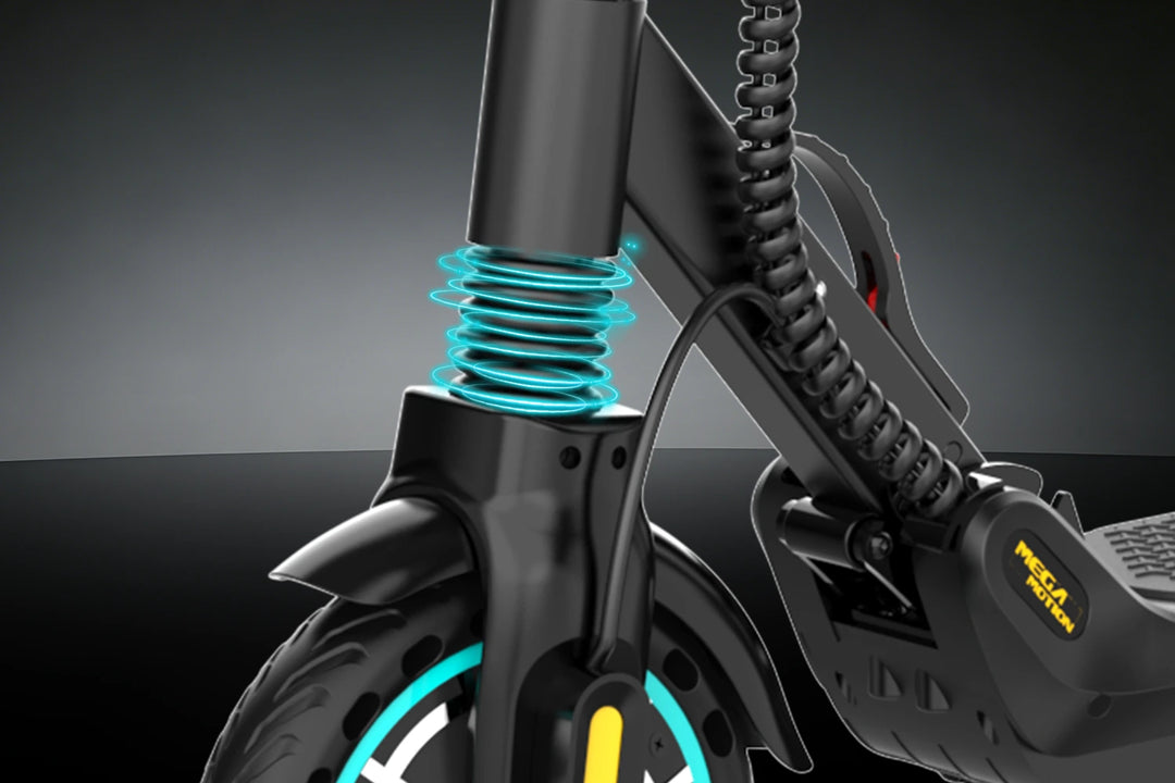 MEGA MOTION ME5 electric scooter with front suspension for a smoother ride on city roads