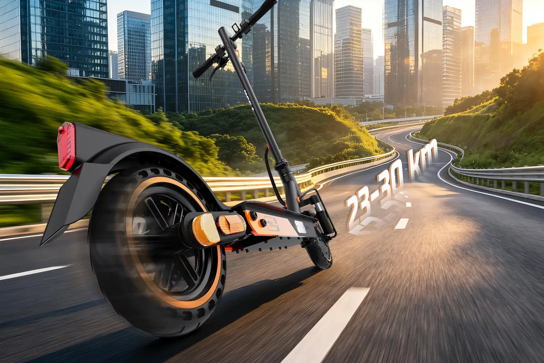 MEGA MOTION EV85F electric scooter with long range battery delivering up to 30 km riding distance